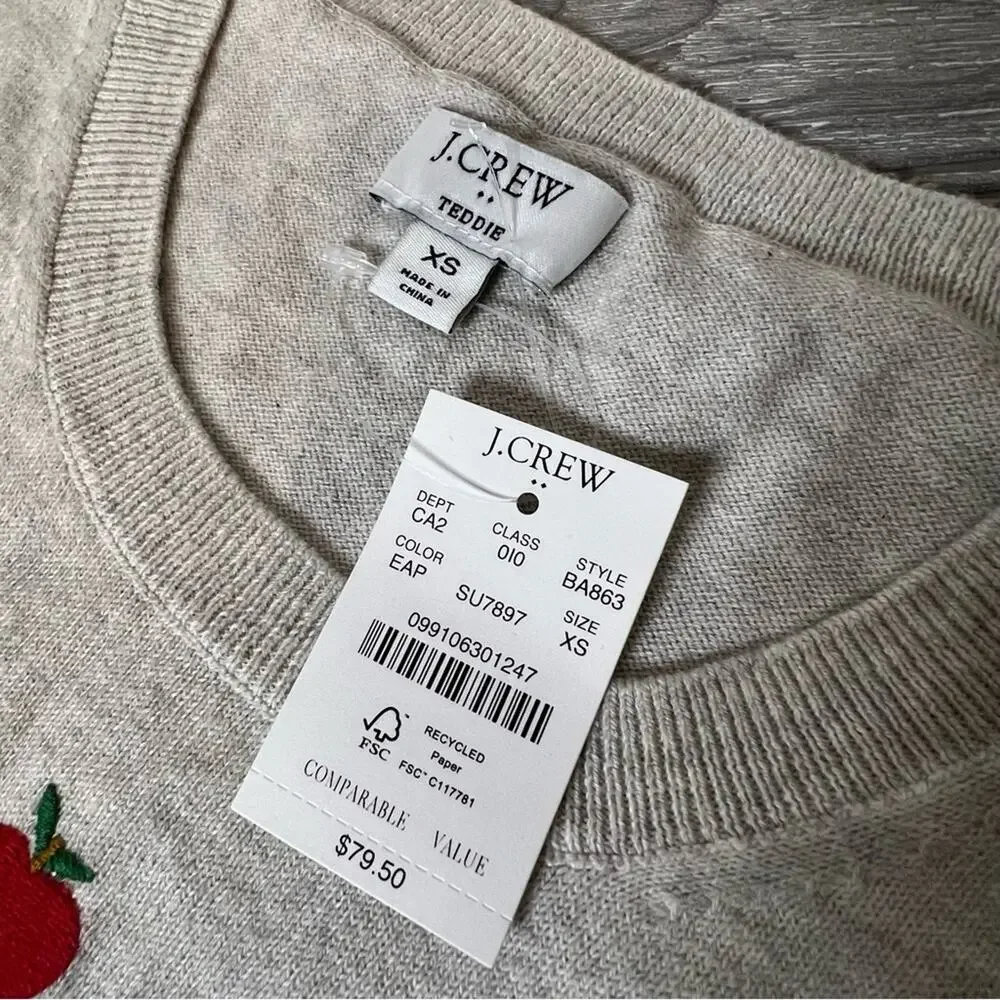 NWT J. Crew teddie sweater embroidered apples sz XS